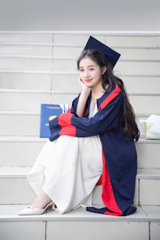 Asian woman in graduation attire sitting on steps, cheerful and thoughtful